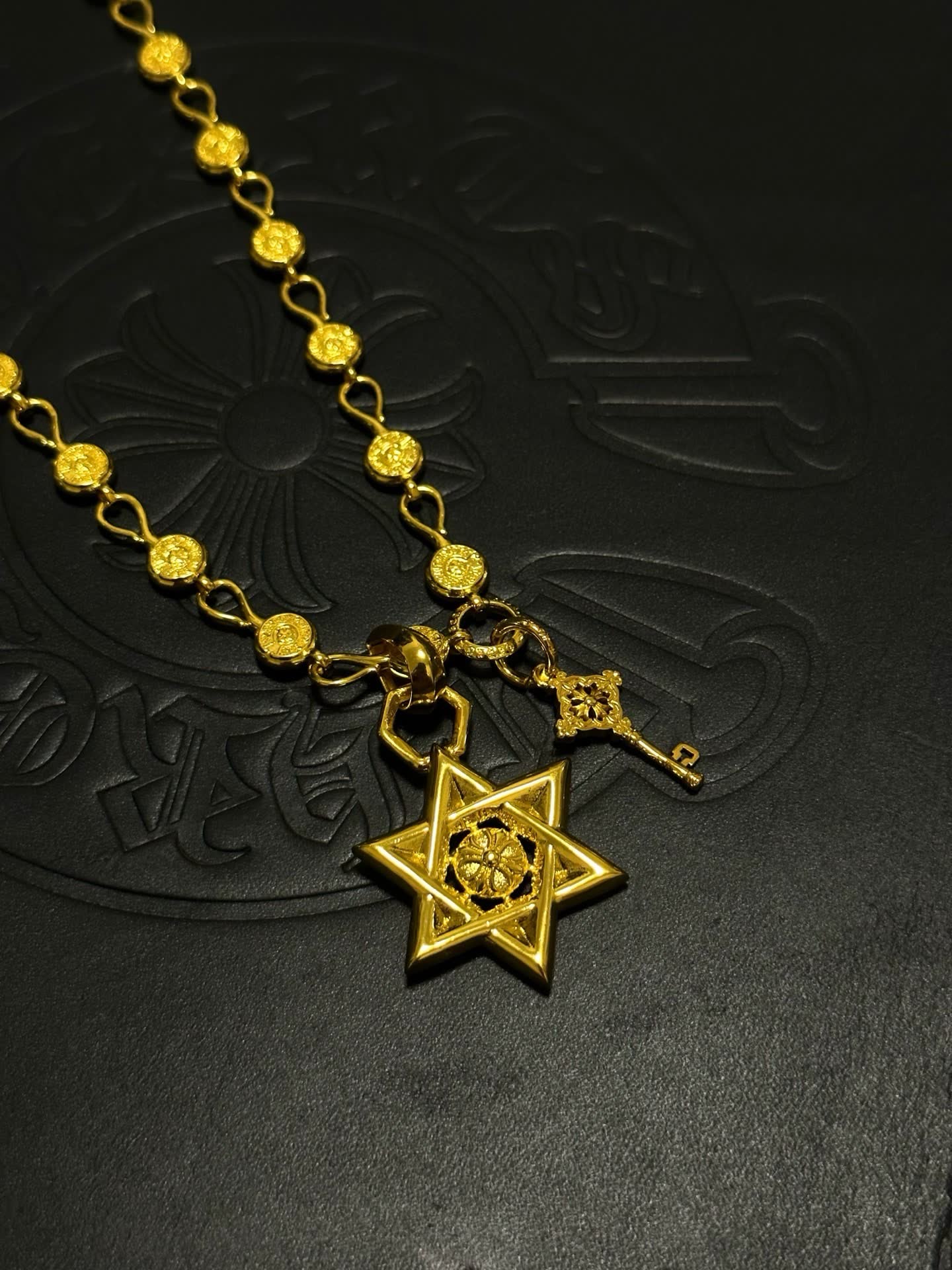 Chrome Hearts Gold-Plated Star of David Necklace with Key Charm